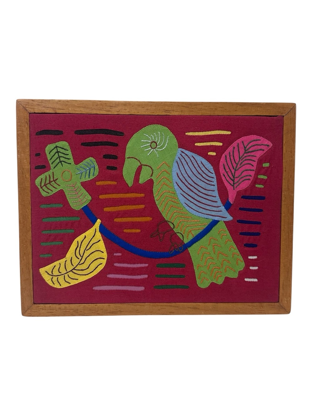 VTG Kuna Mola Needlework Parrot Bird Red Wood Frame Handmade Panama Folk Art